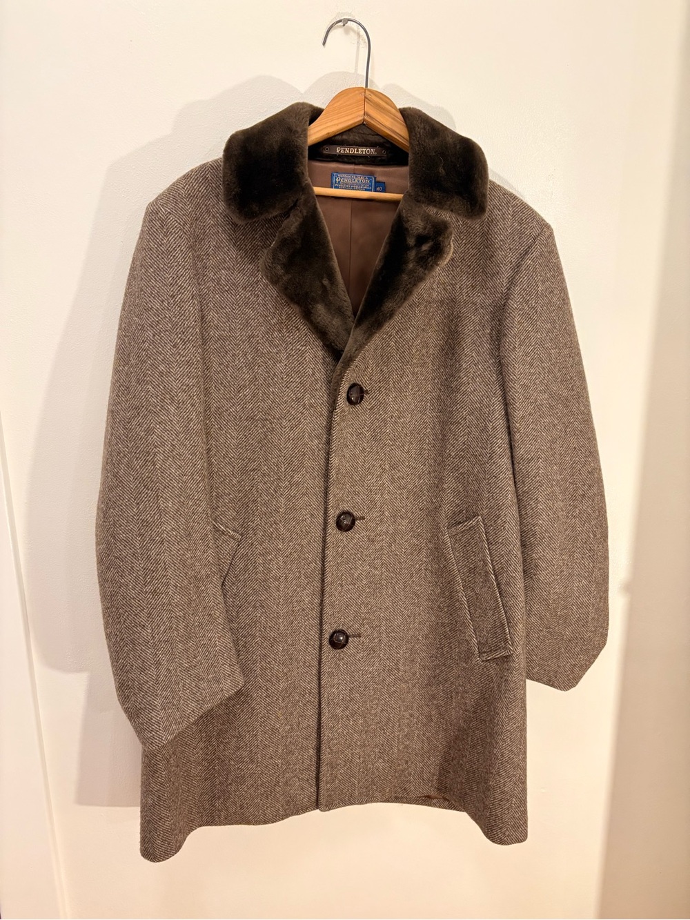 Pendleton Men’s Brown Herringbone Wool Pea Coat with Dark Brown Fur Collar